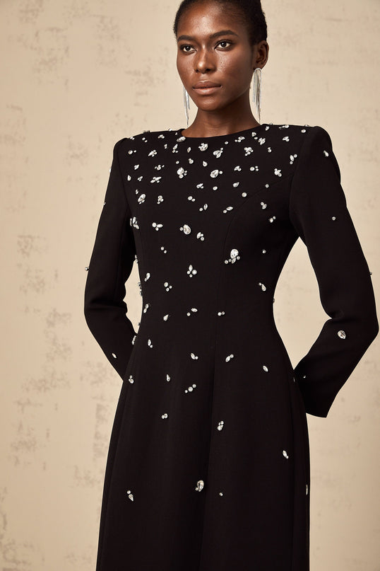 Ashley Black Crystal Embellished Maxi Dress with Long Sleeves and Rear Slit