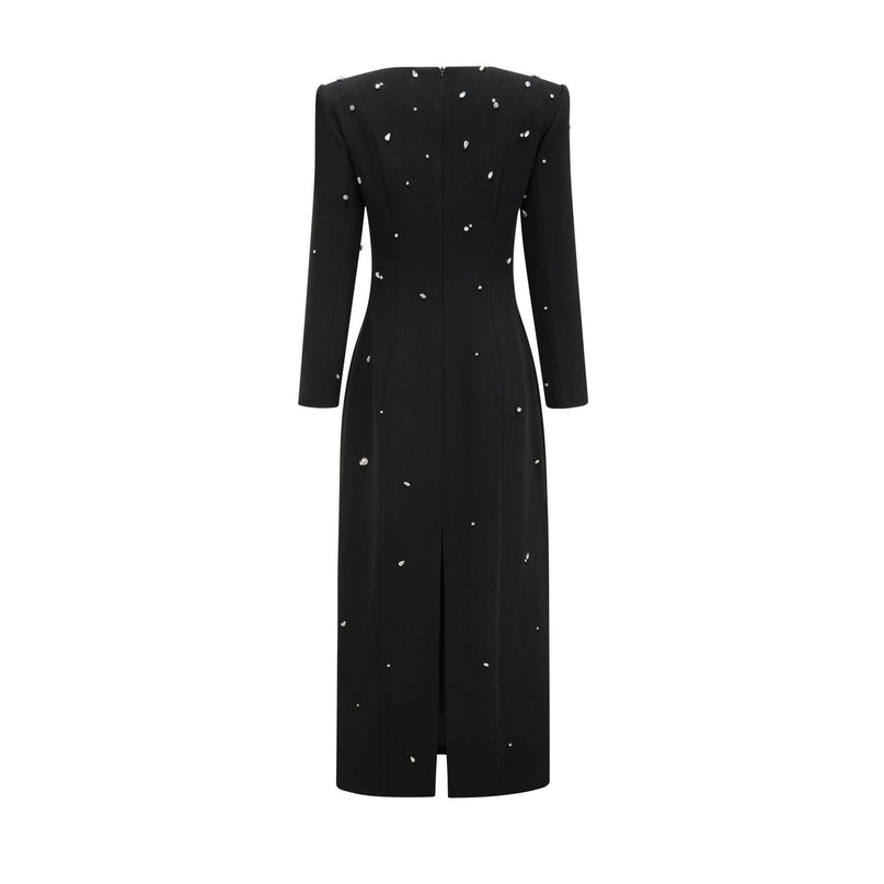 Ashley Black Crystal Embellished Maxi Dress with Long Sleeves and Rear Slit