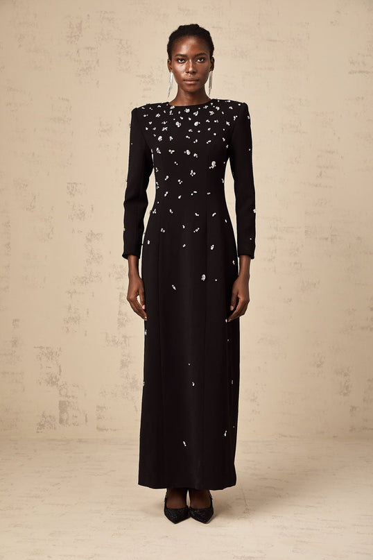 Ashley Black Crystal Embellished Maxi Dress with Long Sleeves and Rear Slit