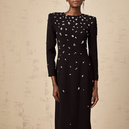 Ashley Black Crystal Embellished Maxi Dress with Long Sleeves and Rear Slit