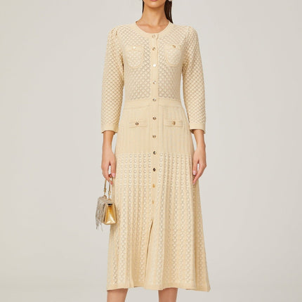Ashley Neutrals Midi Dress 49% Cotton 35% Polyamide 16% Acrylic Stretch Jersey Fabric Three-Quarter Sleeves Round Neck Four Front Patch Pockets Front Button Fastening Luxury Design