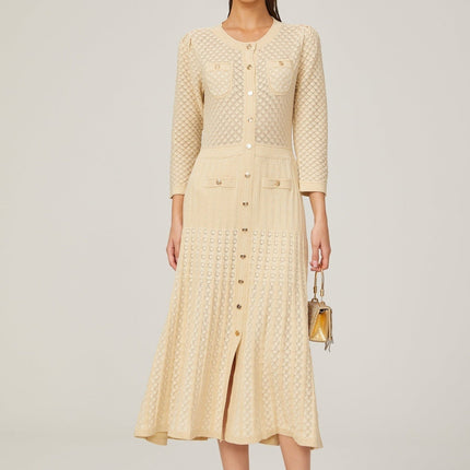 Ashley Neutrals Midi Dress with Front Patch Pockets and Button Fastening