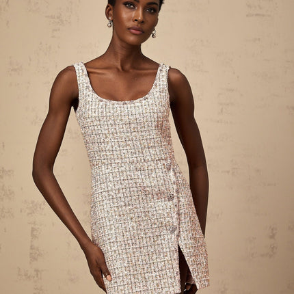 Ashley Pink Coarse Tweed Crystal Embellished Mini Dress