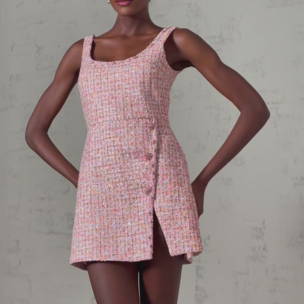 Ashley Pink Coarse Tweed Crystal Embellished Mini Dress