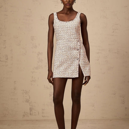 Ashley Pink Coarse Tweed Crystal Embellished Mini Dress