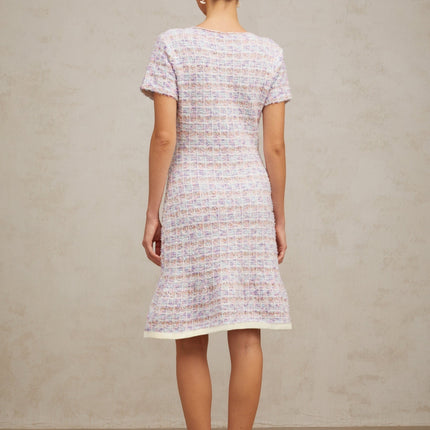 Ashley Purple Pink Check Crystal Embellished Boucle Hem Midi Dress