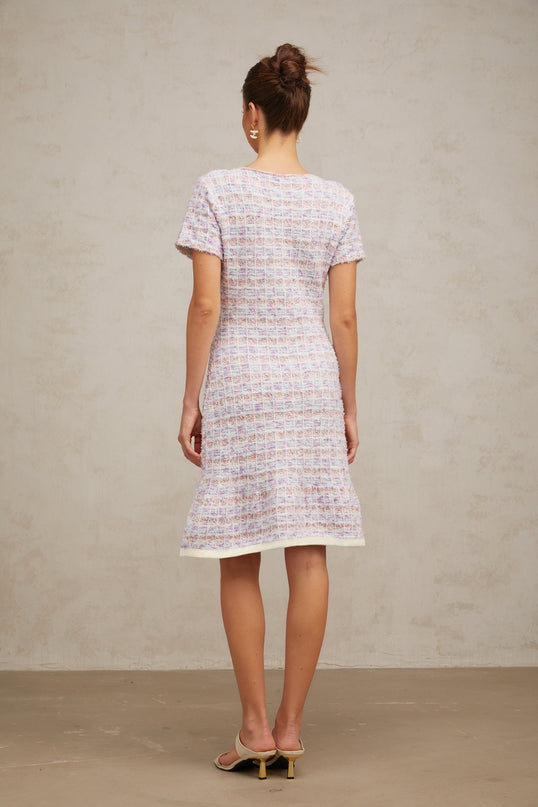 Ashley Purple Pink Check Crystal Embellished Boucle Hem Midi Dress