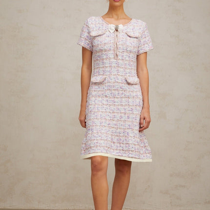 Ashley Purple Pink Check Crystal Embellished Midi Dress Boucle Hem