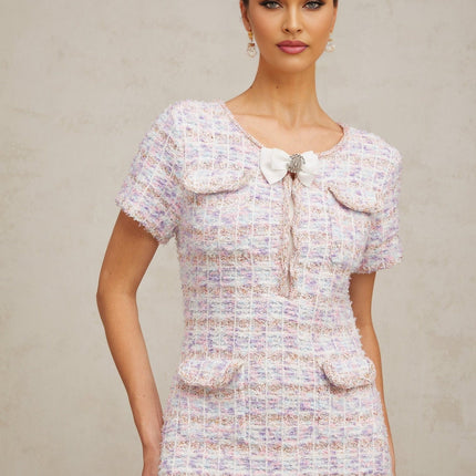 Ashley Purple Pink Check Crystal Embellished Midi Dress Boucle Hem