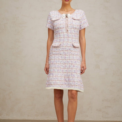Ashley Purple Pink Check Crystal Embellished Midi Dress Boucle Hem
