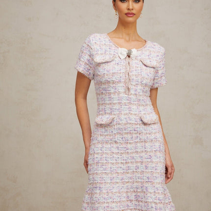 Ashley Purple Pink Check Crystal Embellished Midi Dress Bouclé Hem