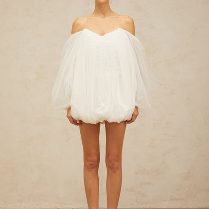 Ashley White Bubble Mini Dress Terylene Fiber Strapless Boning Off-Shoulder Puff Sleeves Ruched Detailing Zip Fastening