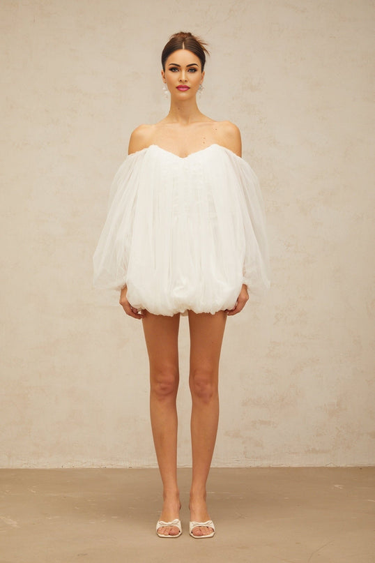 Ashley White Bubble Mini Dress Terylene Fiber Strapless Boning Off-Shoulder Puff Sleeves Ruched Detailing Zip Fastening