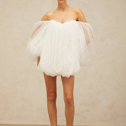 Ashley White Mini Dress Terylene Fiber Strapless Boning Off-Shoulder Puff Sleeves Elasticated Cuffs Layered Bubble Skirt Ruched Detailing Rear Zip Fastening Elegant Modern Special Occasion