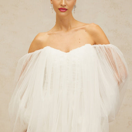 Ashley White Mini Dress Terylene Fiber Strapless Bodice Puff Sleeves Bubble Skirt Ruched Detailing