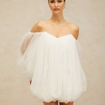 Ashley White Mini Dress Terylene Fiber Strapless Boning Off-Shoulder Puff Sleeves Elasticated Cuffs Layered Bubble Skirt Ruched Detailing Rear Zip Fastening