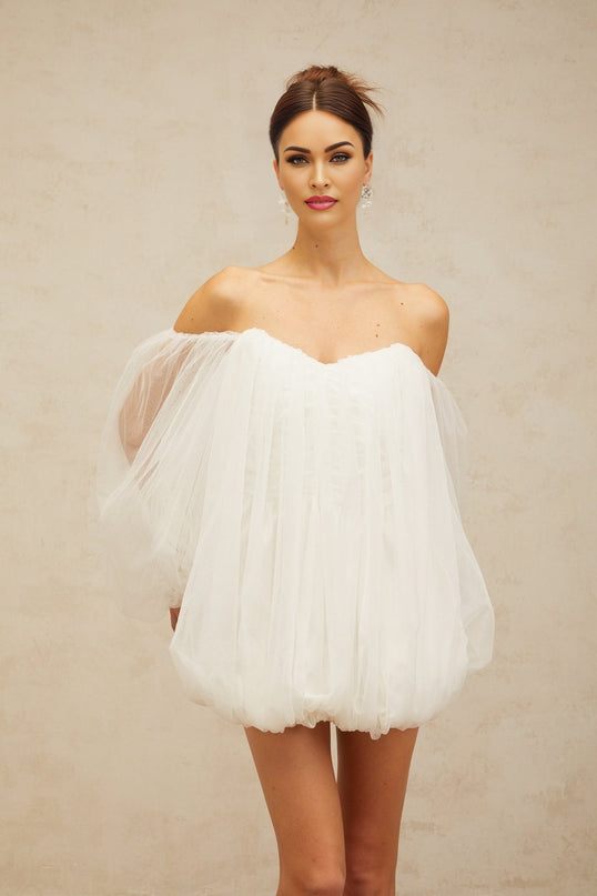Ashley White Mini Dress Terylene Fiber Strapless Boning Off-Shoulder Puff Sleeves Elasticated Cuffs Layered Bubble Skirt Ruched Detailing Rear Zip Fastening