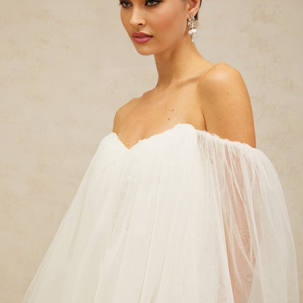 Ashley White Mini Dress Terylene Fiber Strapless Bodice Puff Sleeves Bubble Skirt Ruched Detailing