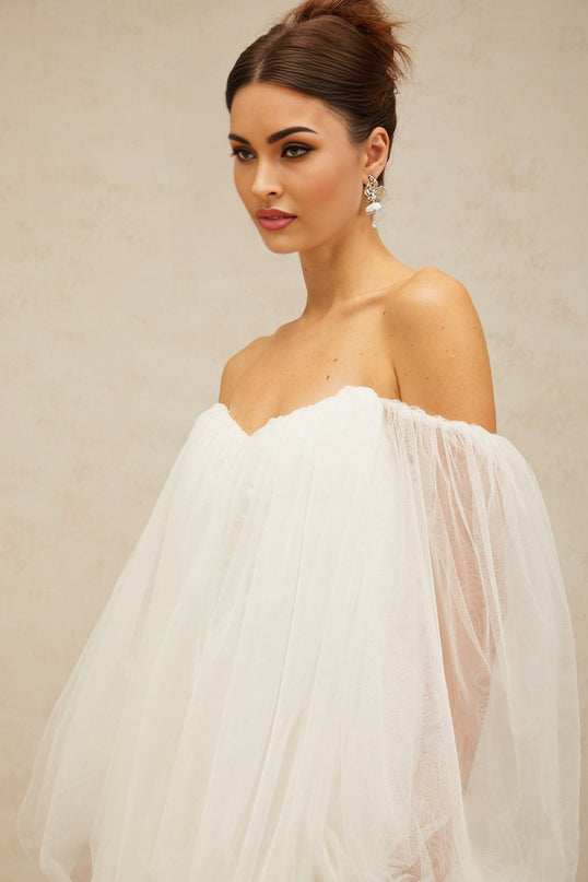 Ashley White Mini Dress Terylene Fiber Strapless Bodice Puff Sleeves Bubble Skirt Ruched Detailing