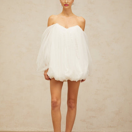 Ashley White Mini Dress Terylene Fiber Strapless Boning Off-Shoulder Puff Sleeves Elasticated Cuffs Bubble Skirt Ruched Detailing Rear Zip Fastening Elegant Modern Special Occasion