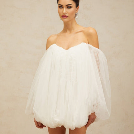 Ashley White Mini Dress Terylene Fiber Strapless Boning Off-Shoulder Puff Sleeves Elasticated Cuffs Layered Bubble Skirt Ruched Detailing Rear Zip Fastening Elegant Modern Special Occasion