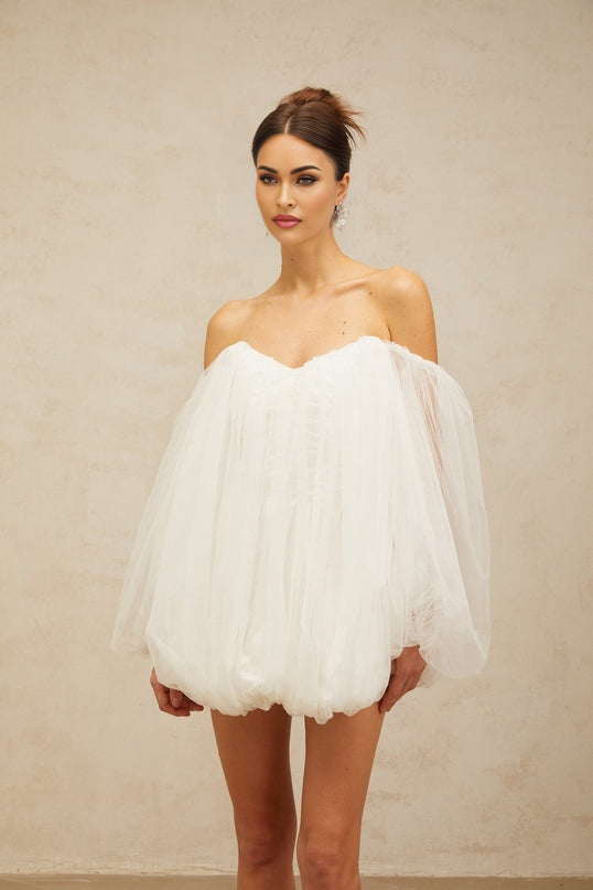 Ashley White Mini Dress Terylene Fiber Strapless Boning Off-Shoulder Puff Sleeves Elasticated Cuffs Layered Bubble Skirt Ruched Detailing Rear Zip Fastening Elegant Modern Special Occasion