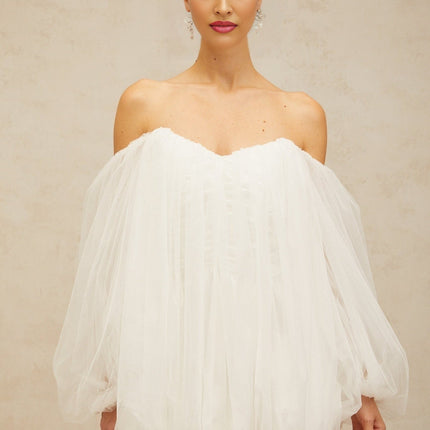 Ashley White Mini Dress Terylene Fiber Strapless Boning Off-the-Shoulder Puff Sleeves Elasticated Cuffs Bubble Skirt Ruched Detailing Rear Zip Fastening