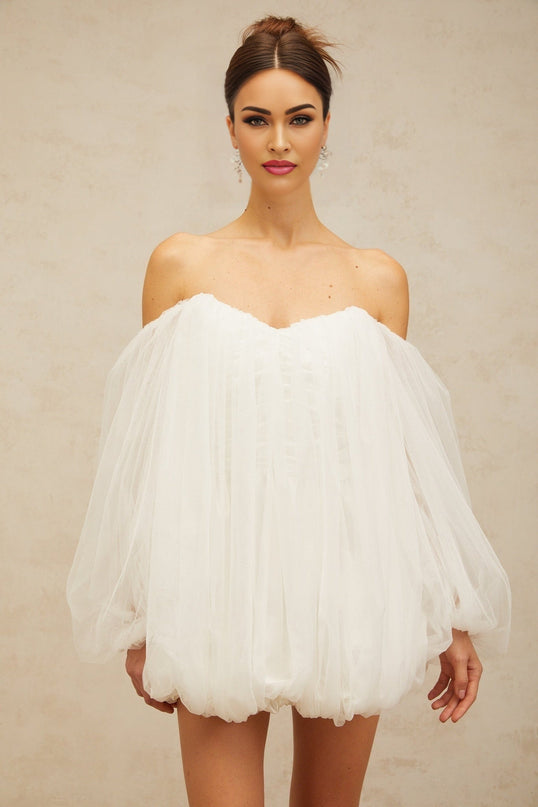 Ashley White Mini Dress Terylene Fiber Strapless Boning Off-the-Shoulder Puff Sleeves Elasticated Cuffs Bubble Skirt Ruched Detailing Rear Zip Fastening
