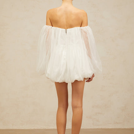 Ashley White Mini Dress with Strapless Bodice and Puff Sleeves