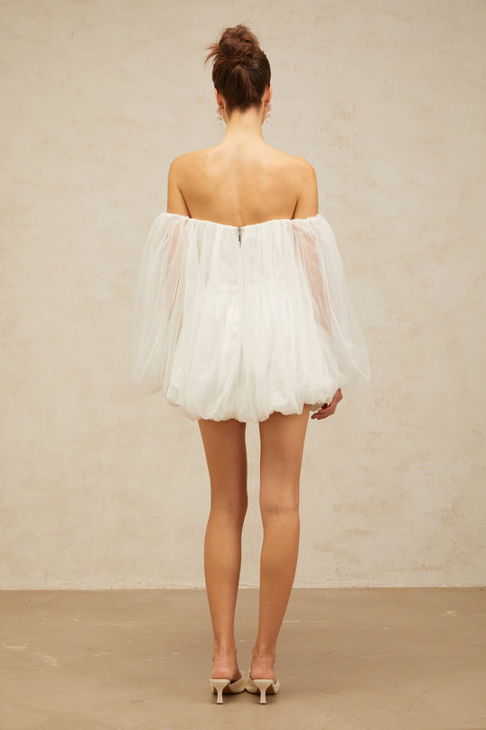 Ashley White Mini Dress with Strapless Bodice and Puff Sleeves