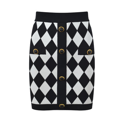 Aspen black and white harlequin pattern pencil skirt with gold-button accents on pockets
