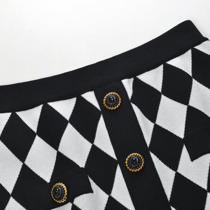 Aspen Black and White Harlequin Pattern Knitted Pencil Skirt with Gold Button Accents