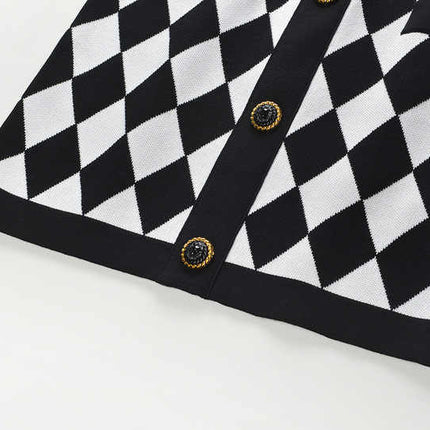 Aspen Black and White Harlequin Pattern Pencil Skirt with Gold Button Accents