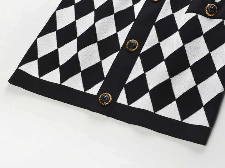 Aspen Black and White Harlequin Pattern Pencil Skirt with Gold Button Accents