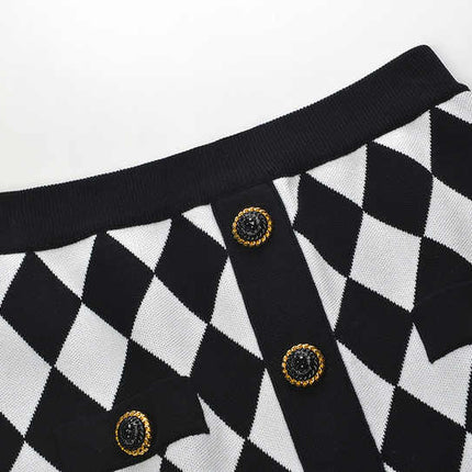 Aspen Black and White Harlequin Pattern Knitted Pencil Skirt with Gold Button Accents