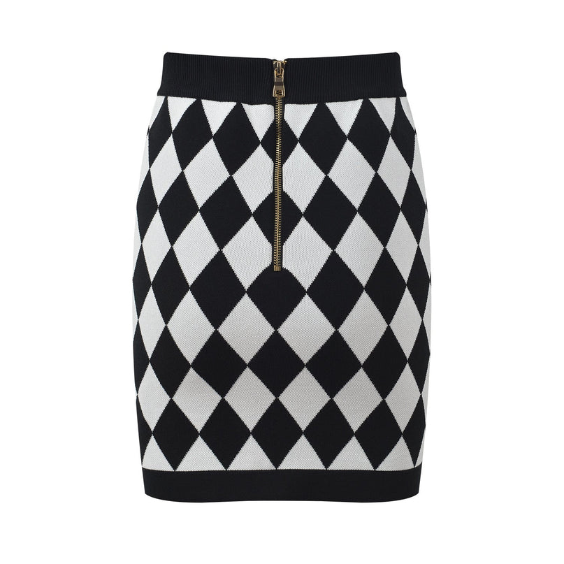 Aspen Black and White Harlequin Pattern Pencil Skirt with Gold-Button Accents