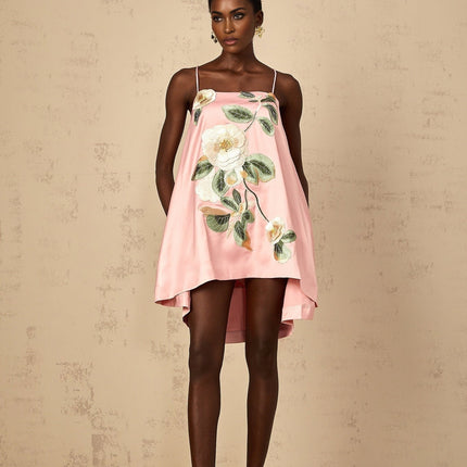 Aspen Pink Floral Embroidered Mini Dress Spaghetti Strap Square Neck Satin Finish Multicolor Chic Elegant Special Occasion Modern Woman Sizes Terylene Fiber Composition Luxurious Fit