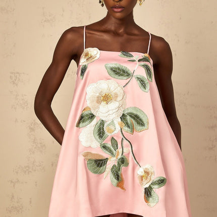 Aspen Pink Floral Embroidered Mini Dress with Satin Finish Square Neck and Spaghetti Straps