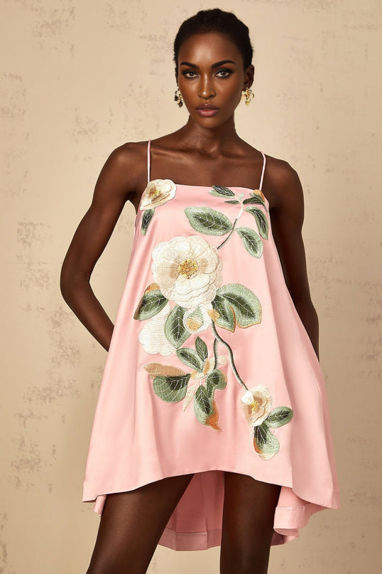 Aspen Pink Floral Embroidered Mini Dress with Satin Finish Square Neck and Spaghetti Straps