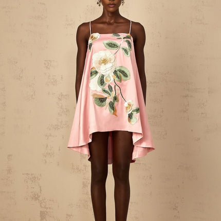 Aspen Pink Floral Embroidered Mini Dress Spaghetti Straps Square Neck Satin Finish Multicolor Chic Elegant Special Occasion Modern Woman Terylene Fiber Composition Luxurious Fit