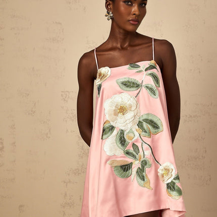 Aspen Pink Floral Embroidered Mini Dress Square Neck Satin Finish Multicolor Chic Elegant