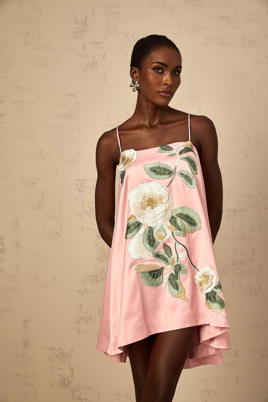 Aspen Pink Floral Embroidered Mini Dress Square Neck Satin Finish Multicolor Chic Elegant