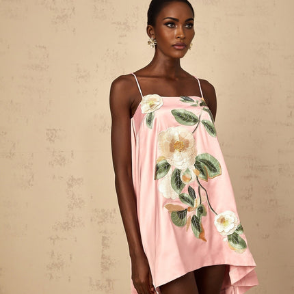 Aspen Pink Floral Embroidered Mini Dress Satin Square Neck