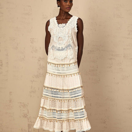 Aspen White Cotton Bohemian Lace Floral Embroidery Skirt