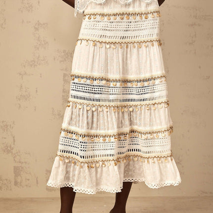 Aspen White Cotton Bohemian Lace Trim Embroidered Skirt
