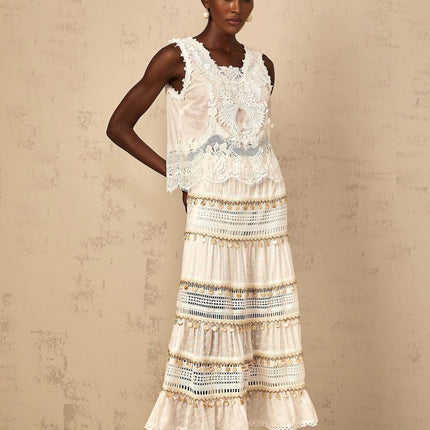 Aspen White Cotton Bohemian Lace Trim Floral Embroidery Skirt