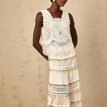 Aspen White Cotton Bohemian Skirt with Lace Trim and Floral Embroidery