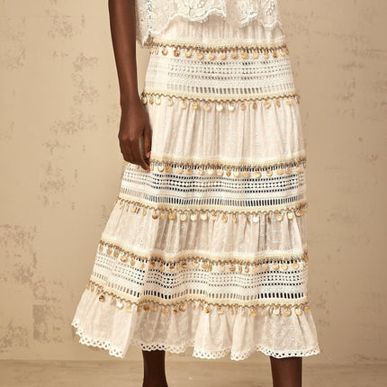 Aspen White Cotton Lace Trim Floral Embroidery Skirt