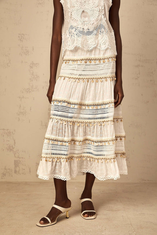 Aspen White Cotton Lace Trim Floral Embroidery Skirt