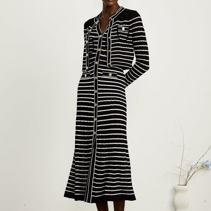 Assunta Black and White Stripe Cardigan Dress Set
